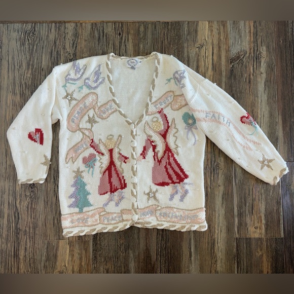 Vtg Stitches In Time QVC 2XL Embellished Cardigan Sweater Angels Peace Love Hope - Picture 1 of 13
